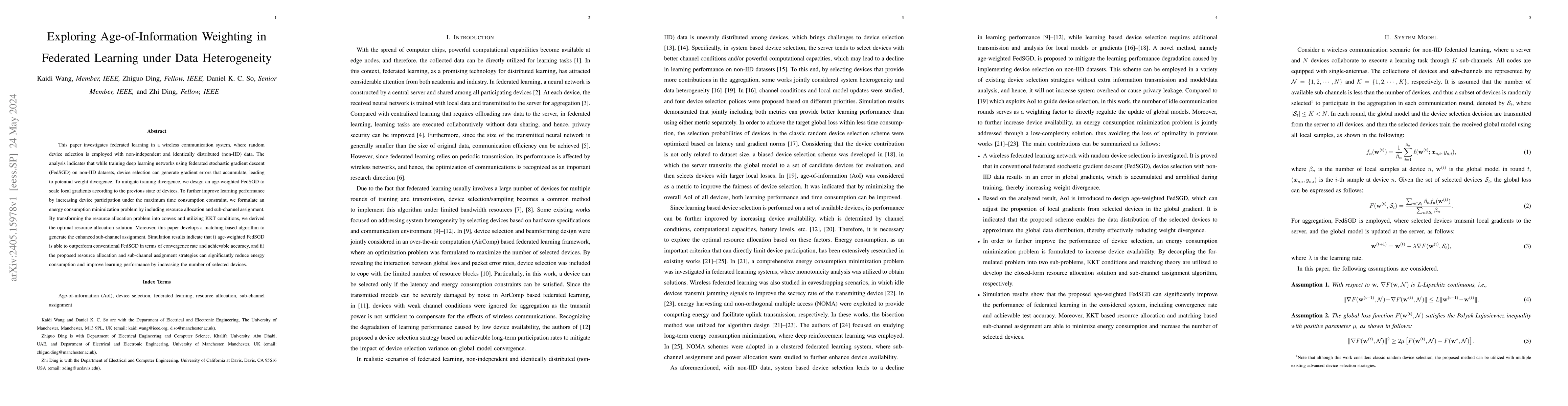 Thumbnail for Exploring Age-of-Information Weighting in Federated Learning under Data
  Heterogeneity
