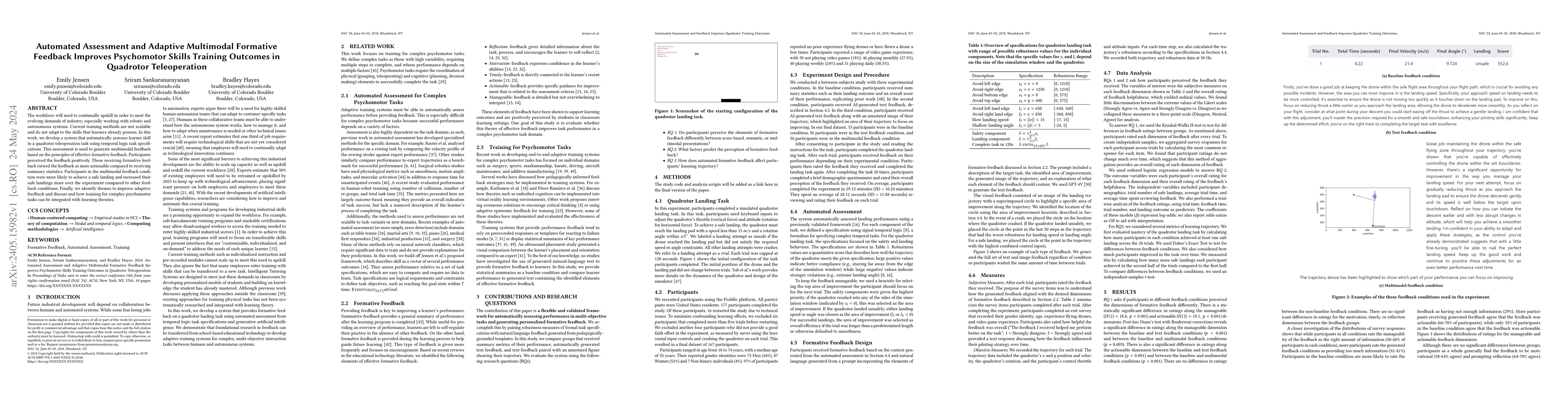 Thumbnail for Automated Assessment and Adaptive Multimodal Formative Feedback Improves
  Psychomotor Skills Training Outcomes in Quadrotor Teleoperation