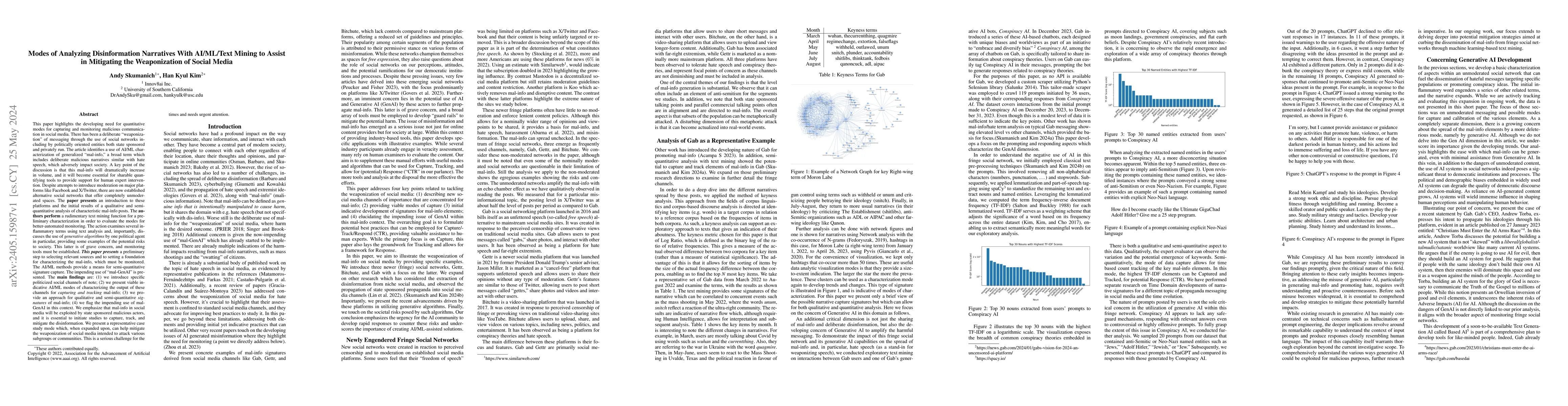 Thumbnail for Modes of Analyzing Disinformation Narratives With AI/ML/Text Mining to
  Assist in Mitigating the Weaponization of Social Media