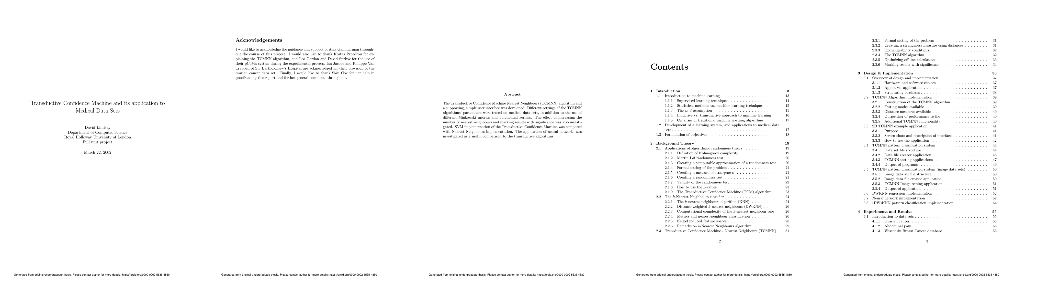 Thumbnail for Transductive Confidence Machine and its application to Medical Data Sets