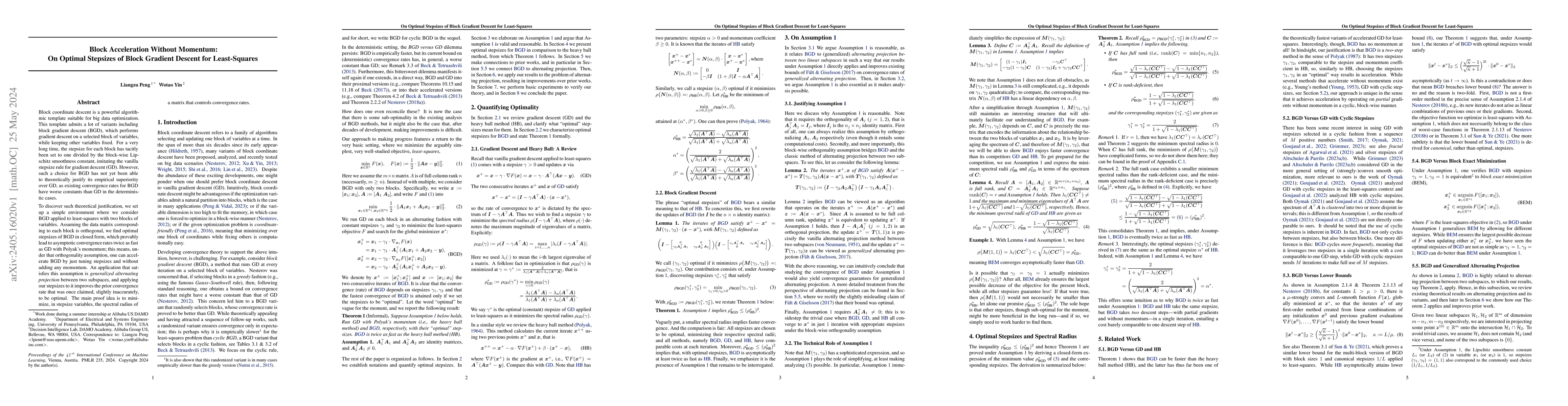 Thumbnail for Block Acceleration Without Momentum: On Optimal Stepsizes of Block
  Gradient Descent for Least-Squares