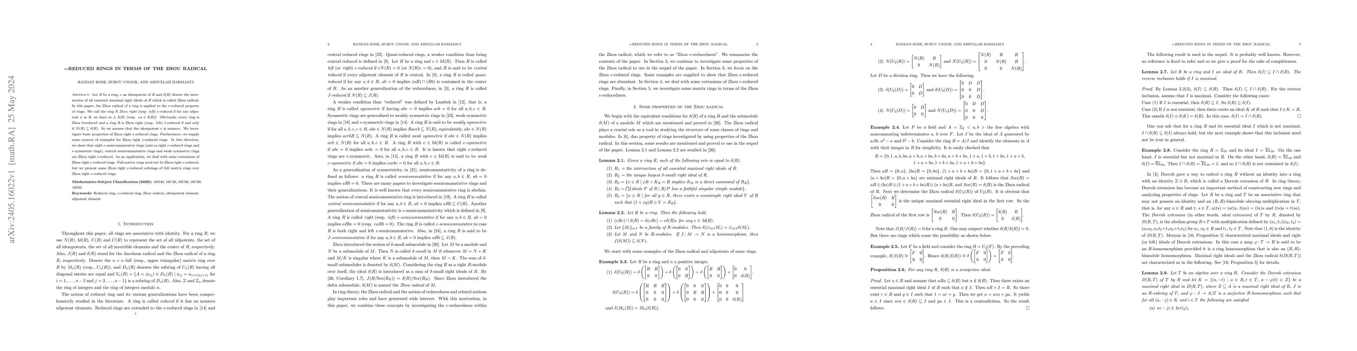 Thumbnail for $e$-Reduced rings in terms of the Zhou radical