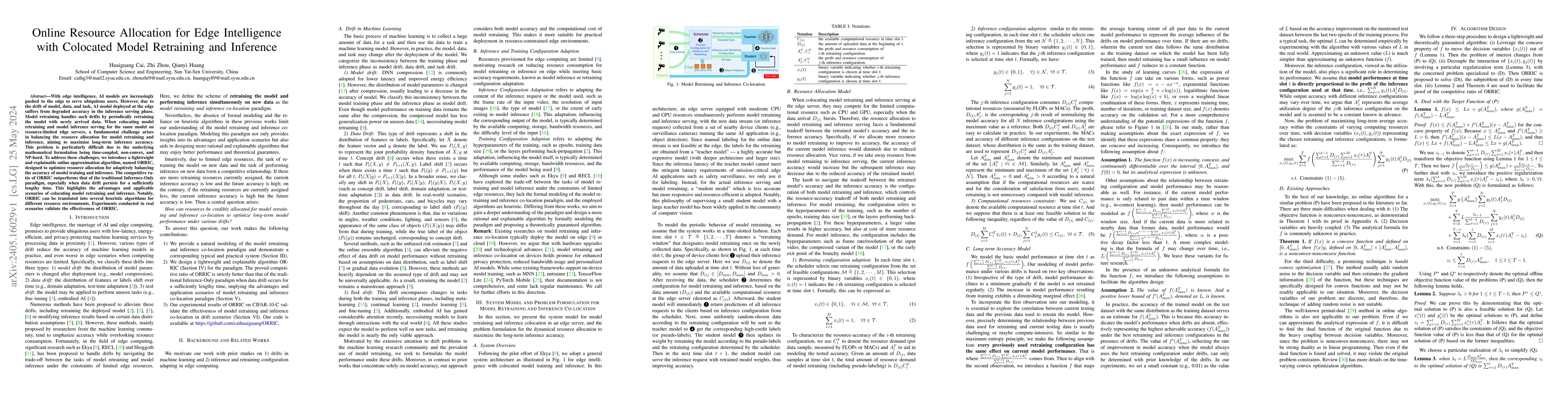 Thumbnail for Online Resource Allocation for Edge Intelligence with Colocated Model
  Retraining and Inference