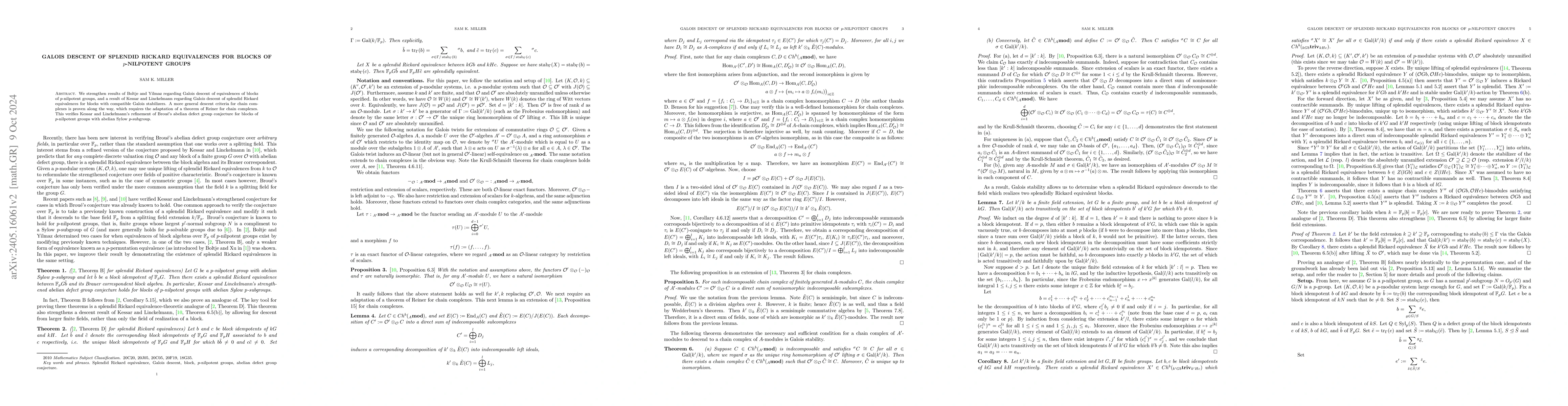 Thumbnail for Galois descent of splendid Rickard equivalences for blocks of
  $p$-nilpotent groups