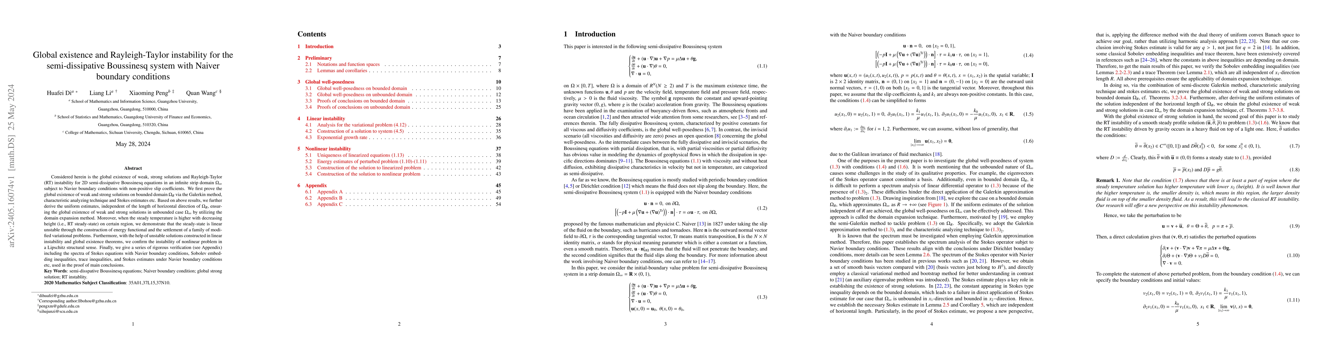 Thumbnail for Global existence and Rayleigh-Taylor instability for the
  semi-dissipative Boussinesq system with Naiver boundary conditions