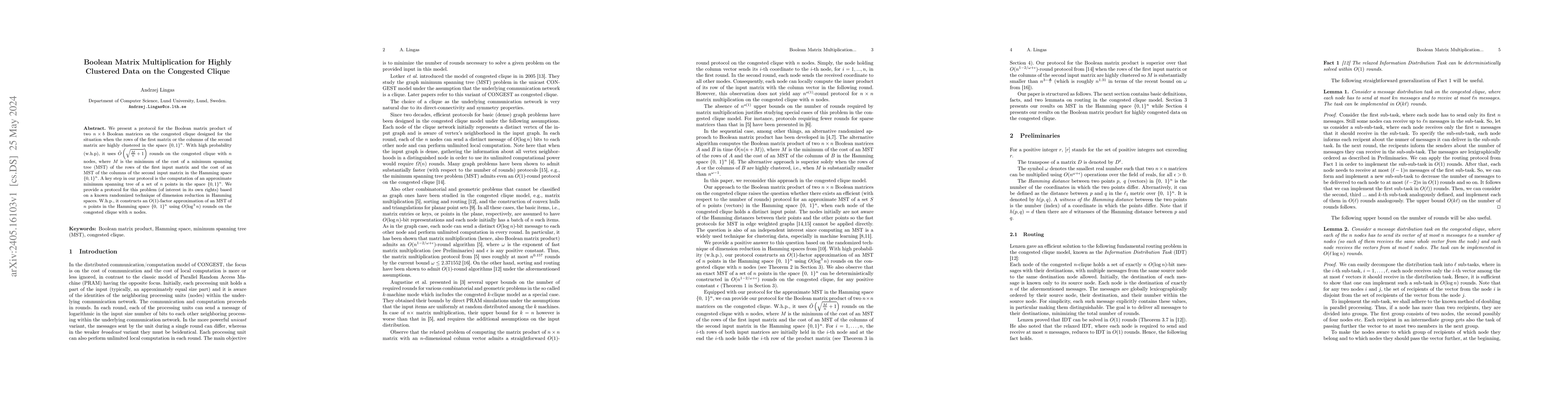 Thumbnail for Boolean Matrix Multiplication for Highly Clustered Data on the Congested
  Clique