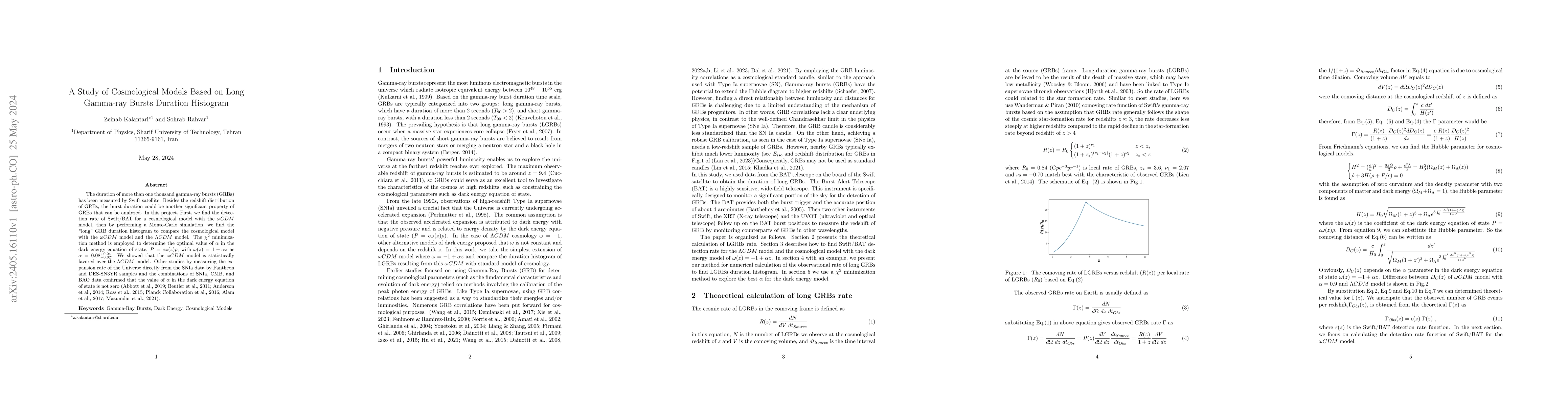 Thumbnail for A Study of Cosmological Models Based on Long Gamma-ray Bursts Duration
  Histogram