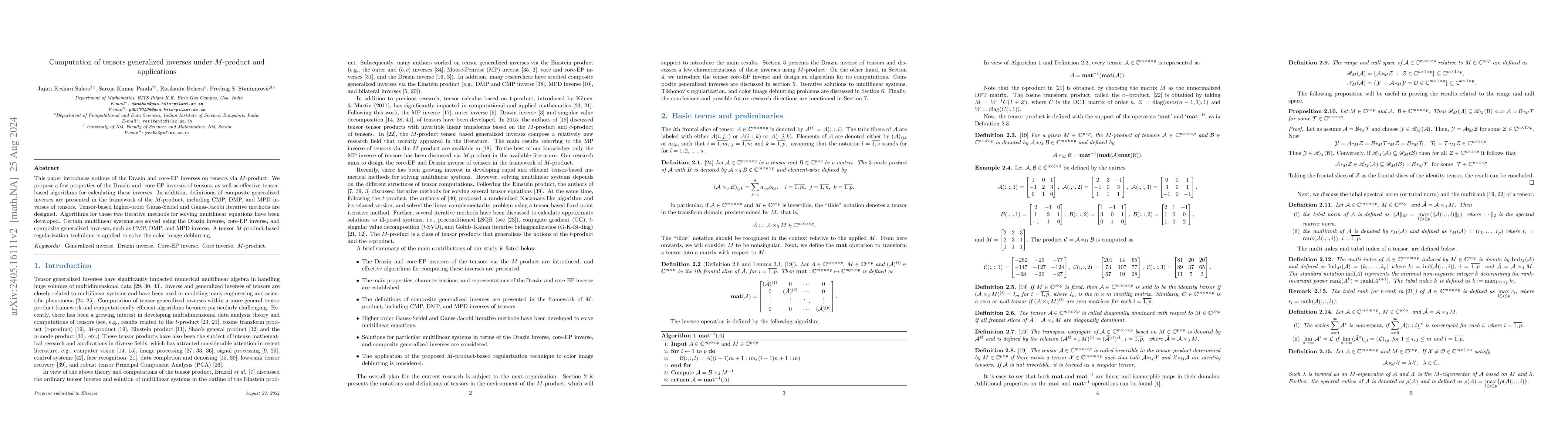 Thumbnail for Computation of tensors generalized inverses under $M$-product and
  applications