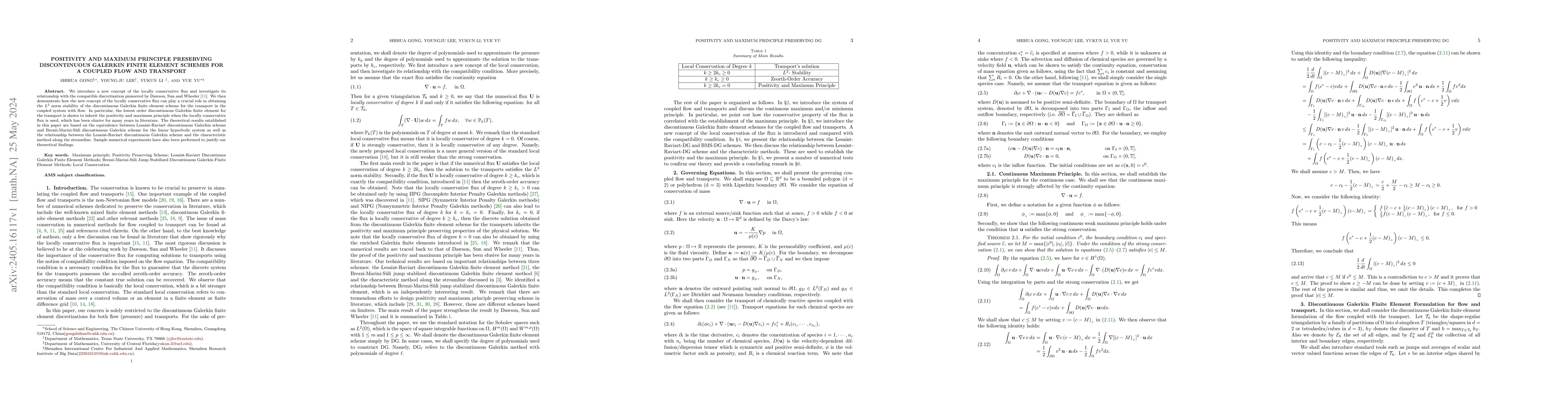 Thumbnail for Positivity and Maximum Principle Preserving Discontinuous Galerkin
  Finite Element Schemes for a Coupled Flow and Transport