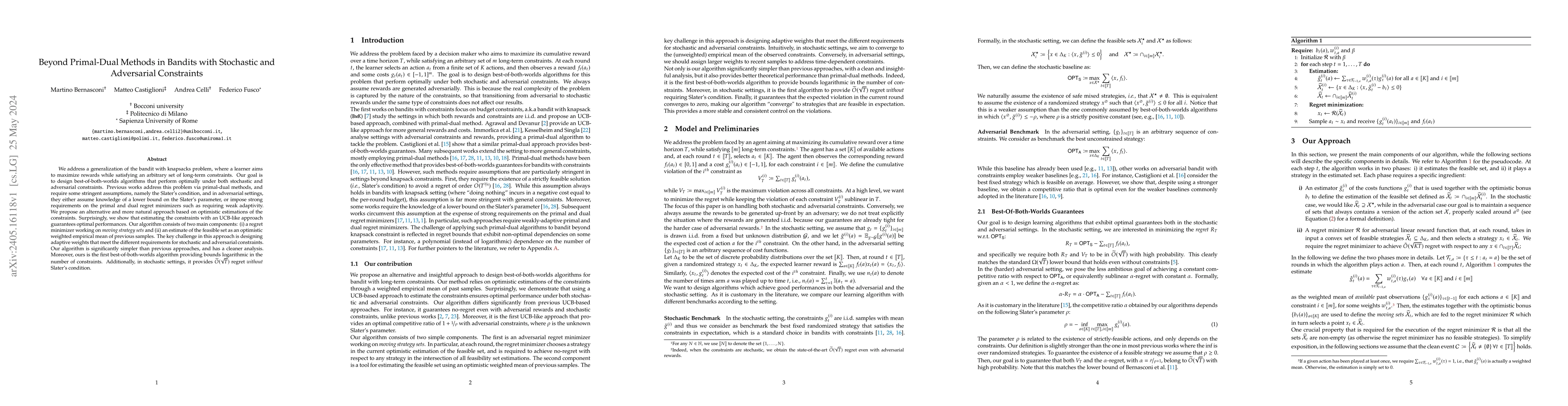 Thumbnail for Beyond Primal-Dual Methods in Bandits with Stochastic and Adversarial
  Constraints