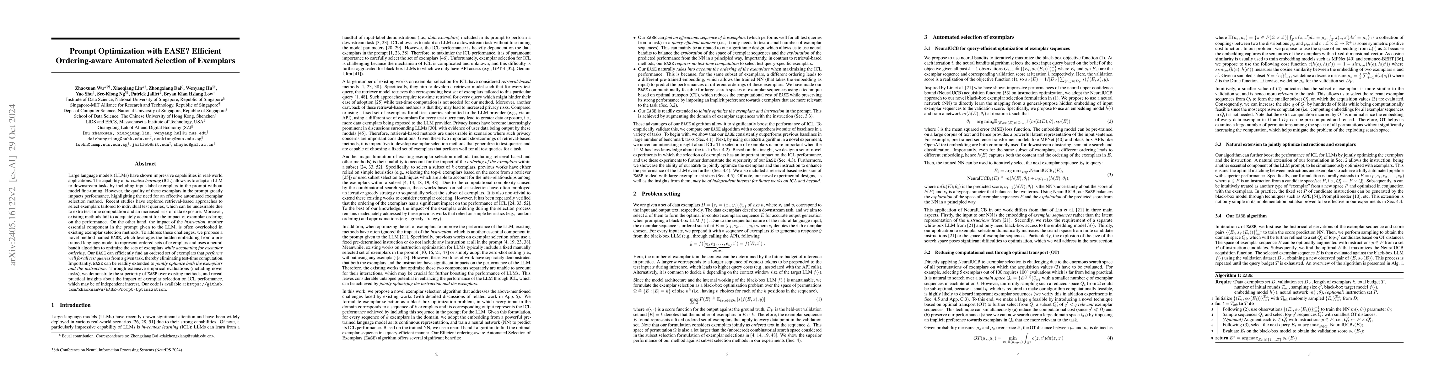 Thumbnail for Prompt Optimization with EASE? Efficient Ordering-aware Automated
  Selection of Exemplars