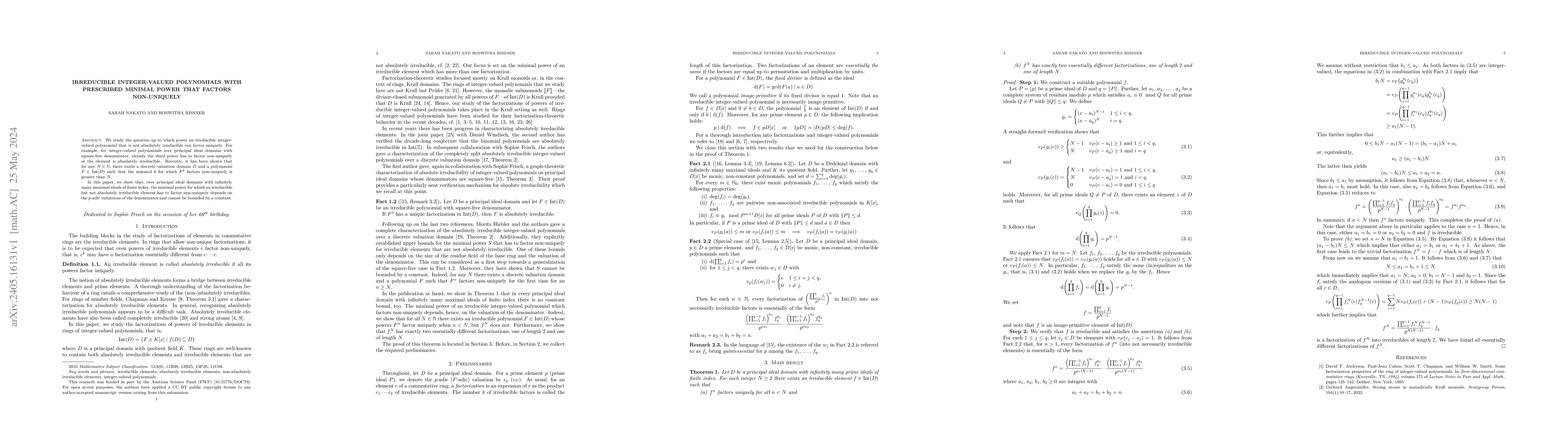 Thumbnail for Irreducible integer-valued polynomials with prescribed minimal power
  that factors non-uniquely
