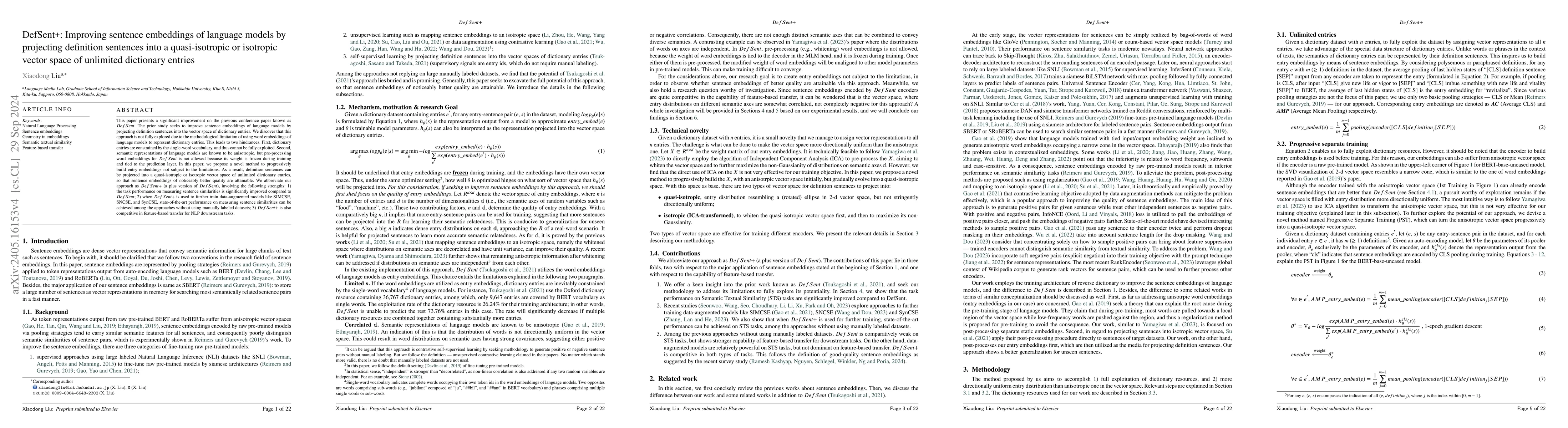 Thumbnail for DefSent+: Improving sentence embeddings of language models by projecting
  definition sentences into a quasi-isotropic or isotropic vector space of
  unlimited dictionary entries