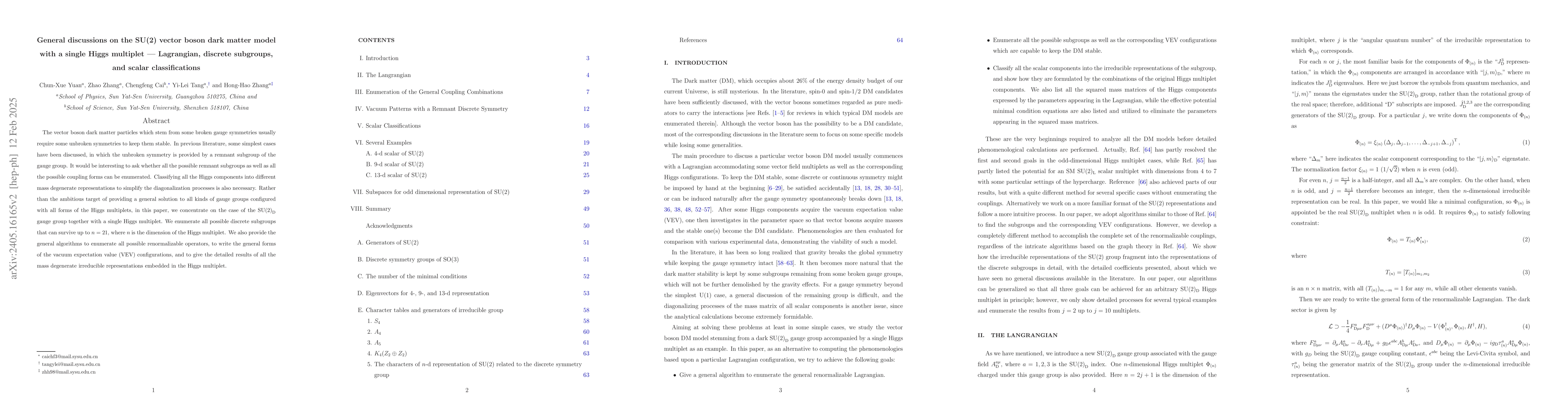 Thumbnail for General Discussions on the SU(2) Vector Boson Dark Matter Model with a
  Single Higgs Multiplet -- Lagrangian, Discrete Subgroups, and Scalar
  Classifications