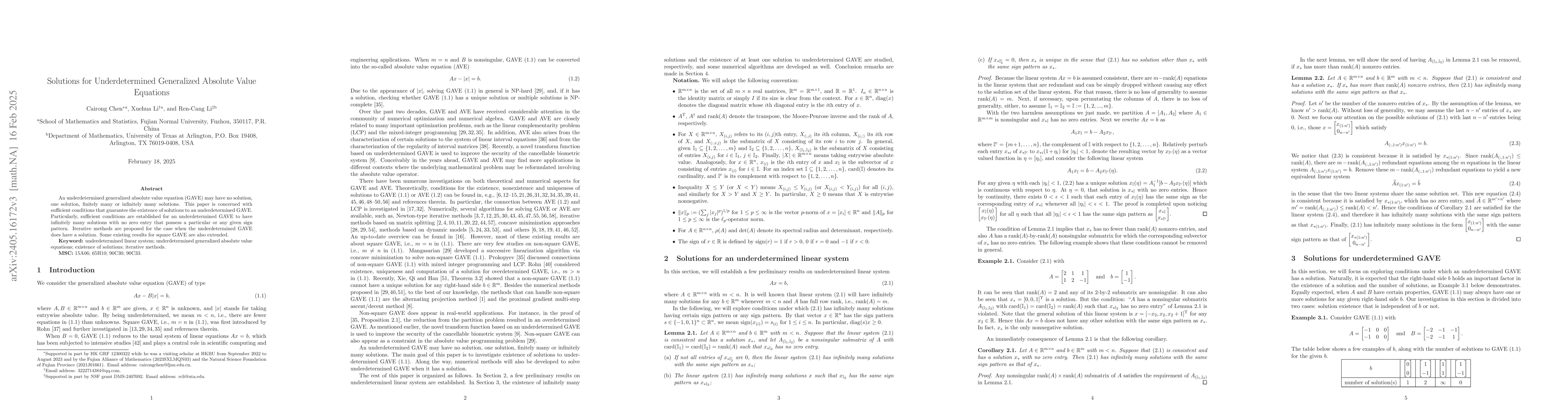 Thumbnail for Existence and nonexistence of solutions for underdetermined generalized
  absolute value equations
