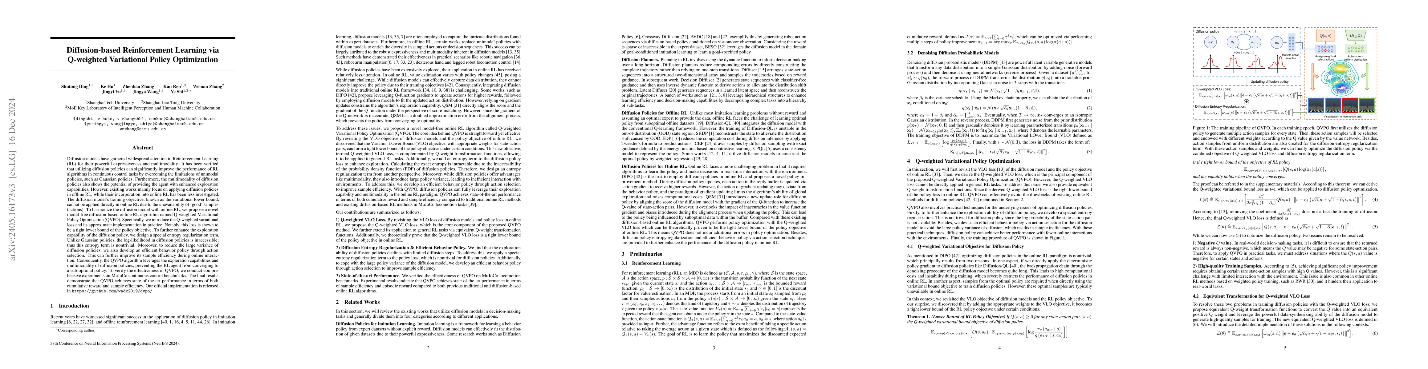 Thumbnail for Diffusion-based Reinforcement Learning via Q-weighted Variational Policy
  Optimization