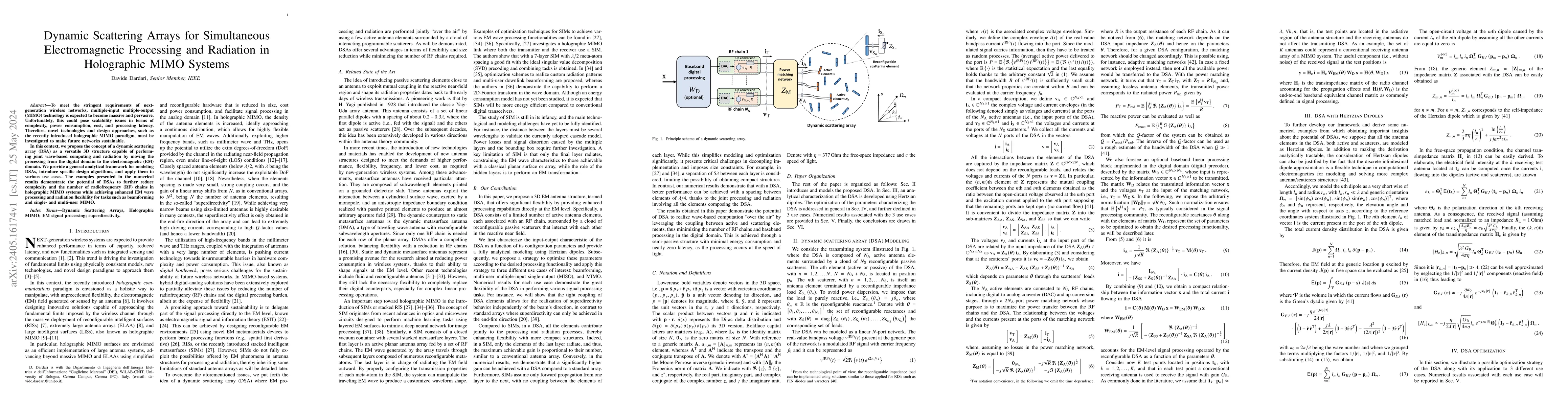 Thumbnail for Dynamic Scattering Arrays for Simultaneous Electromagnetic Processing
  and Radiation in Holographic MIMO Systems