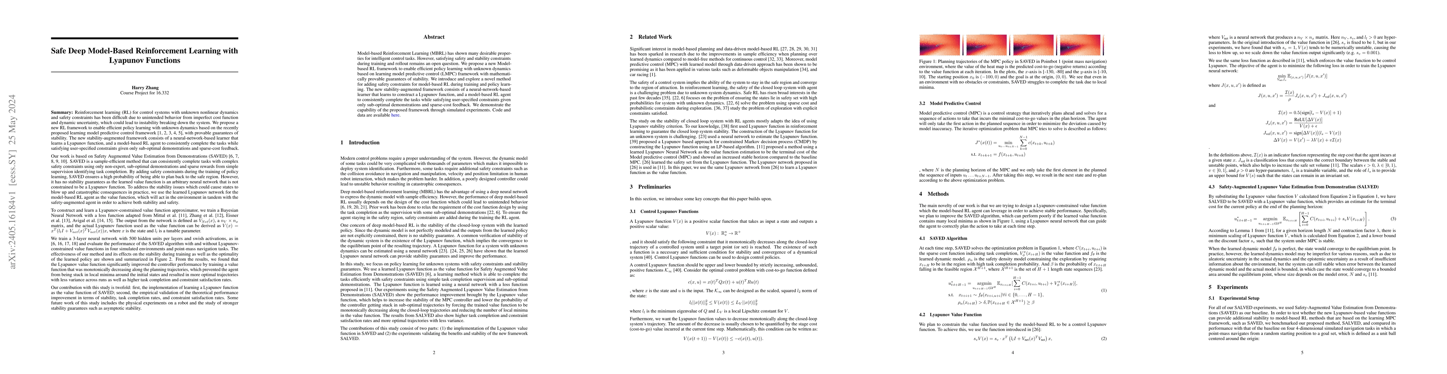 Thumbnail for Safe Deep Model-Based Reinforcement Learning with Lyapunov Functions