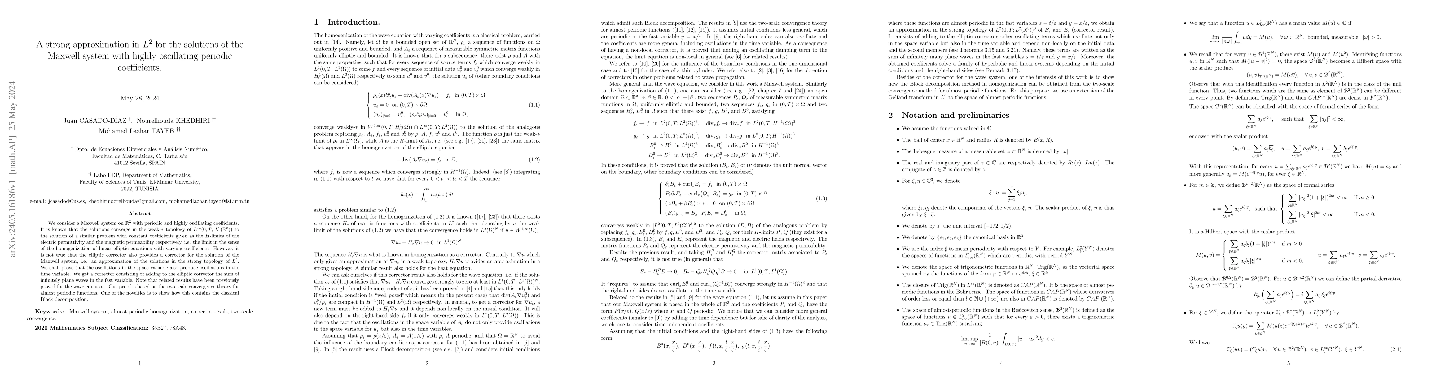 Thumbnail for A strong approximation in L2 for the solutions of the Maxwell system
  with highly oscillating periodic coefficients