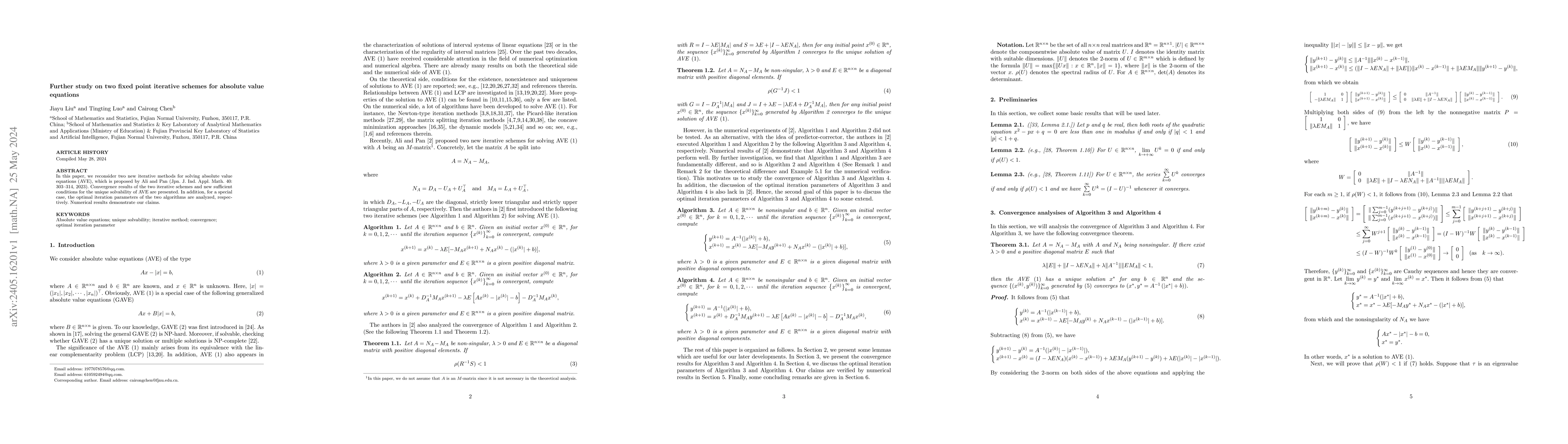 Thumbnail for Further study on two fixed point iterative schemes for absolute value
  equations