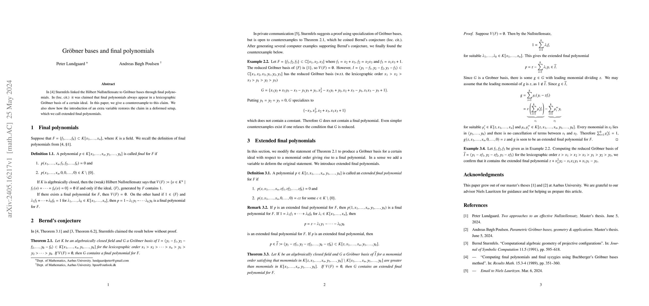 Thumbnail for Gr\"obner bases and final polynomials