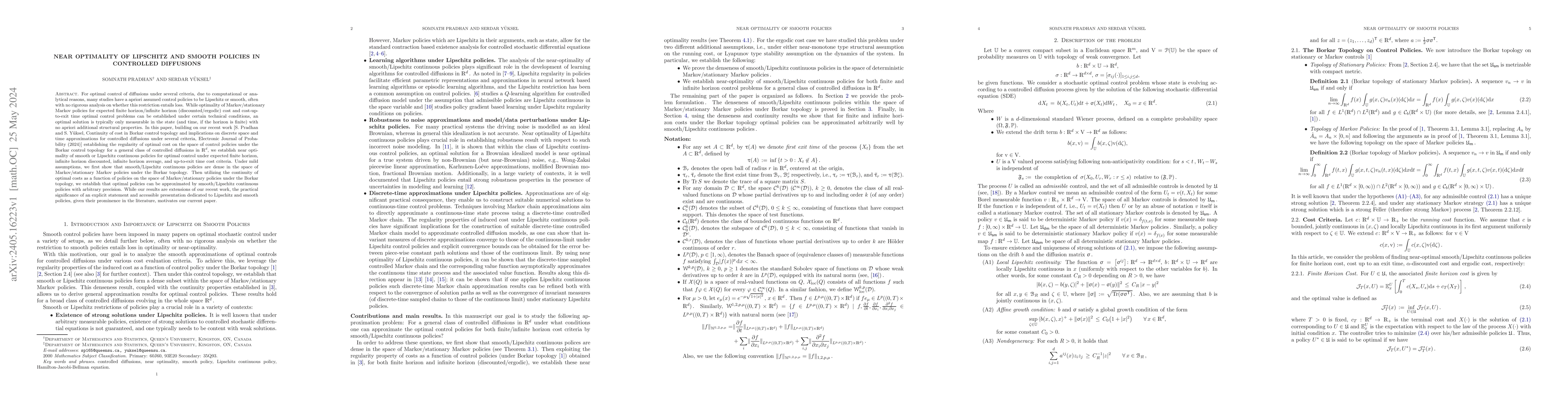 Thumbnail for Near Optimality of Lipschitz and Smooth Policies in Controlled
  Diffusions
