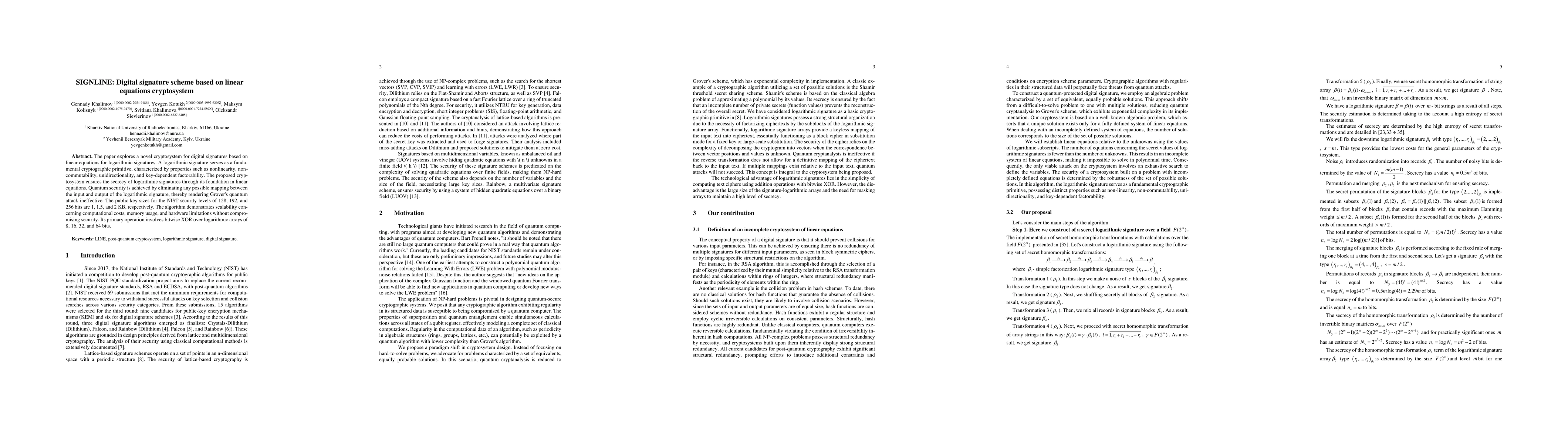 Thumbnail for SIGNLINE: Digital signature scheme based on linear equations
  cryptosystem