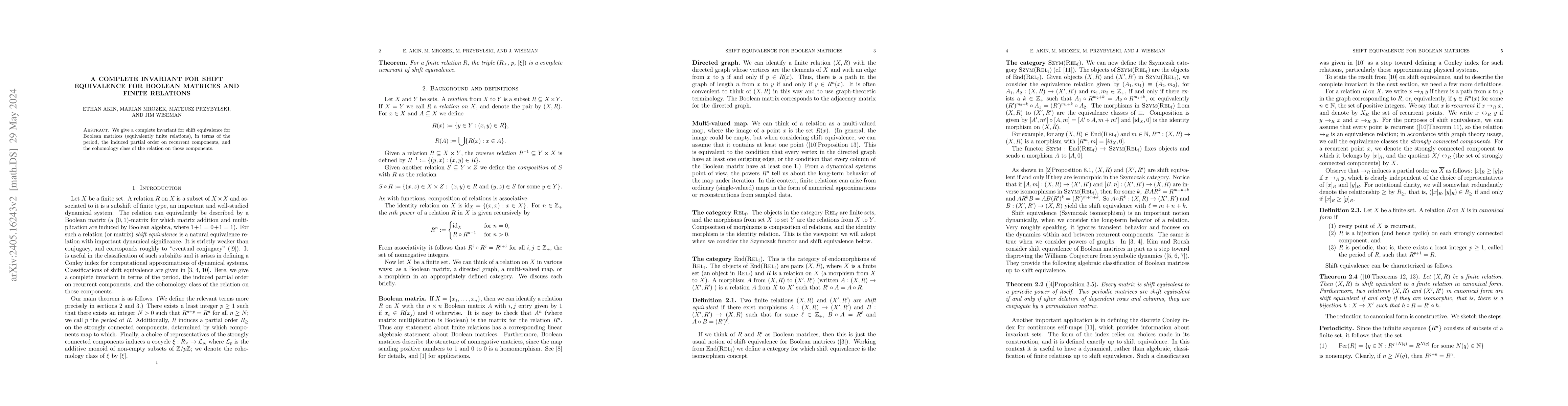 Thumbnail for A Complete Invariant for Shift Equivalence for Boolean Matrices and
  Finite Relations