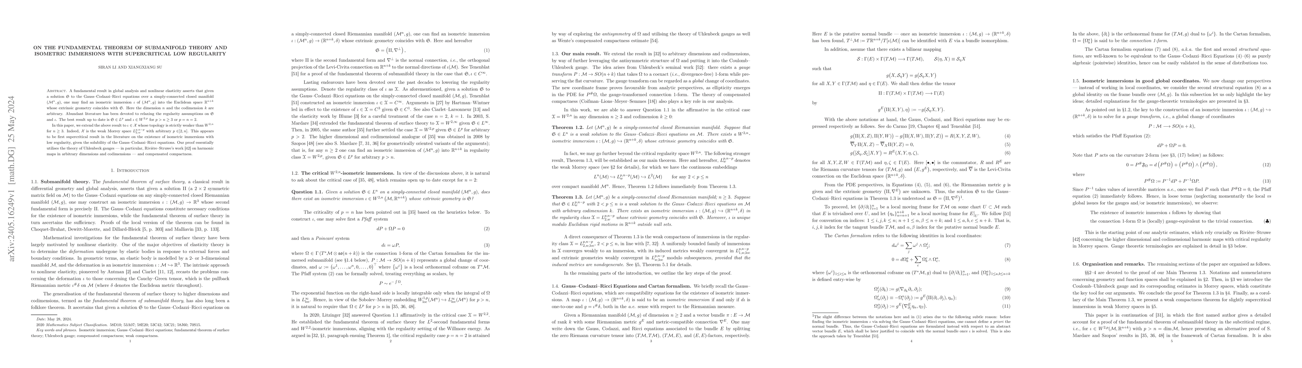 Thumbnail for On the fundamental theorem of submanifold theory and isometric
  immersions with supercritical low regularity