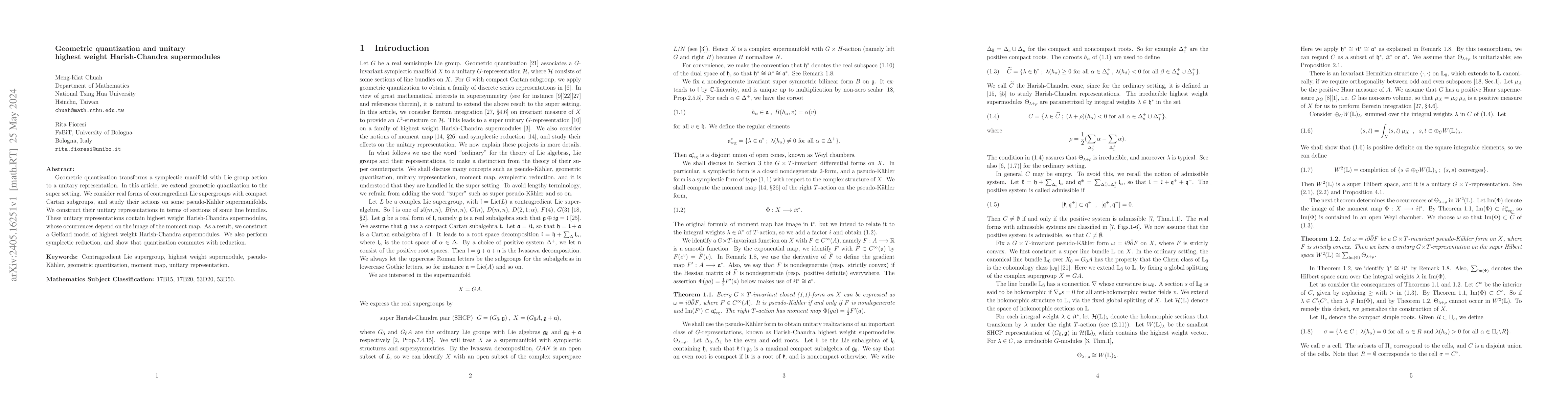 Thumbnail for Geometric quantization and unitary highest weight Harish-Chandra
  supermodules