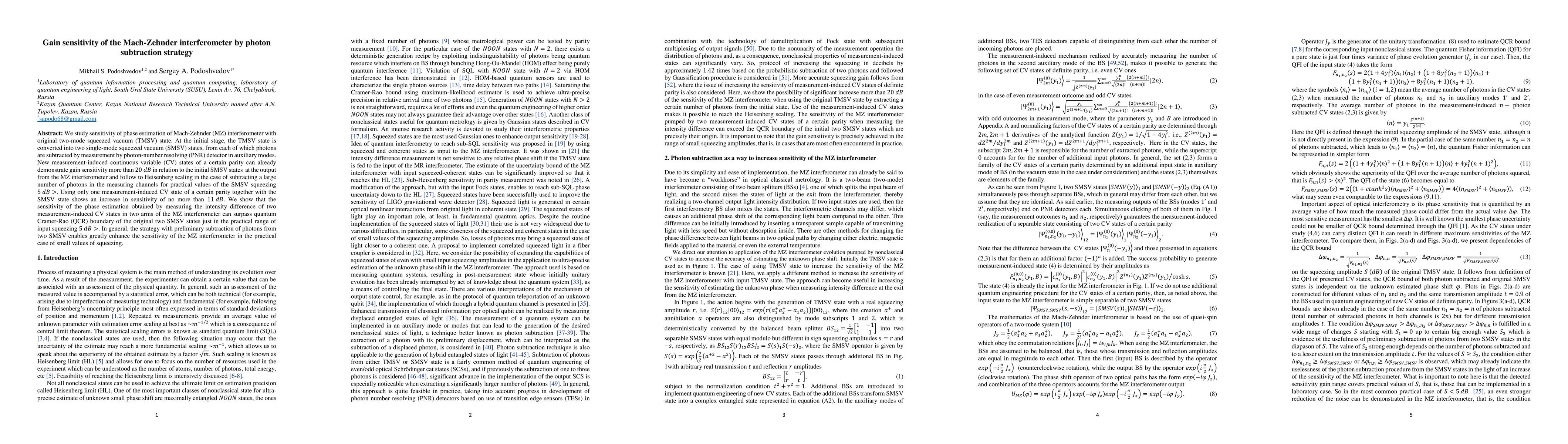 Thumbnail for Gain sensitivity of the Mach-Zehnder interferometer by photon
  subtraction strategy