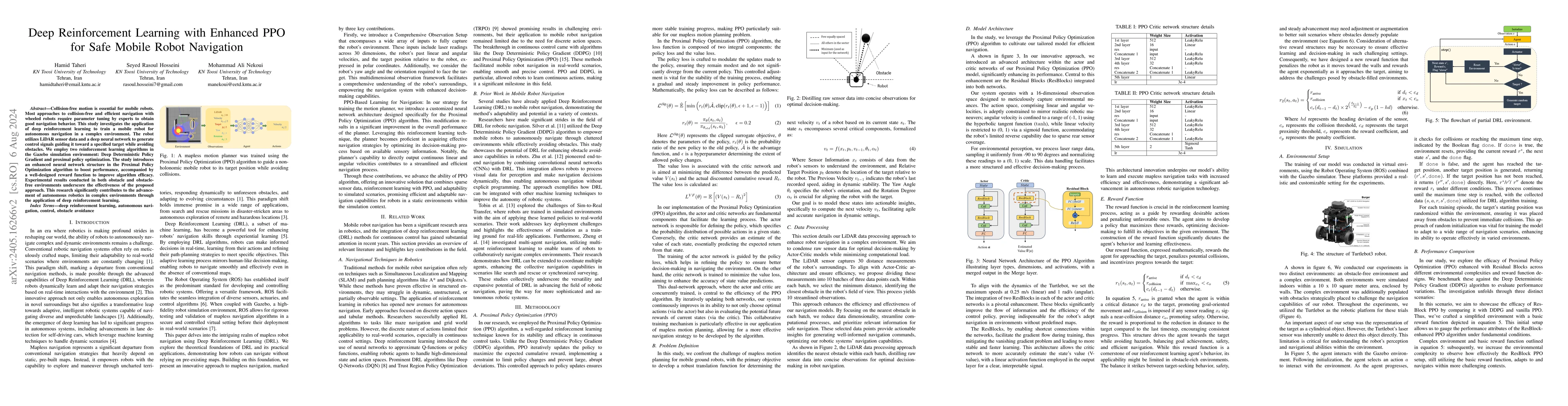Thumbnail for Deep Reinforcement Learning with Enhanced PPO for Safe Mobile Robot
  Navigation
