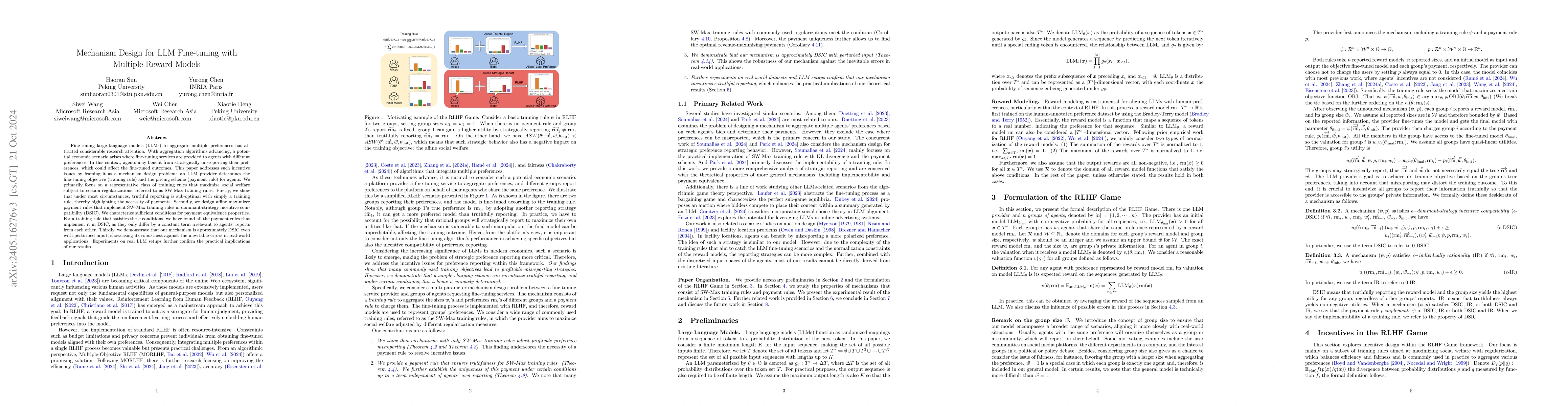 Thumbnail for Mechanism Design for LLM Fine-tuning with Multiple Reward Models