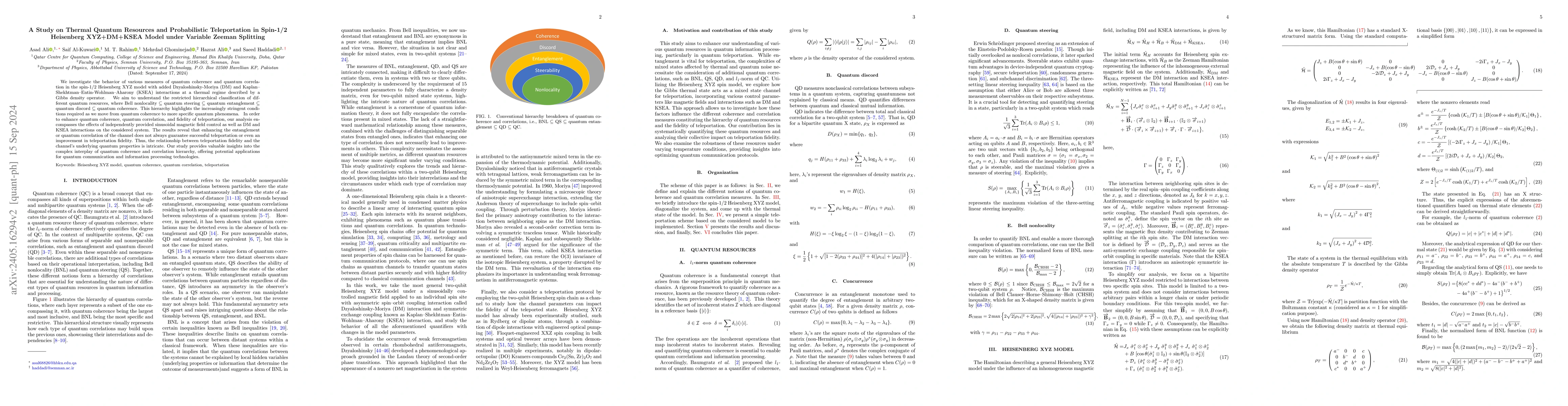 Thumbnail for Nonclassical characteristics in spin-1/2 Heisenberg XYZ model with added
  DM and KSEA interactions under sinusoidal magnetic field: Hierarchy of
  quantum resources