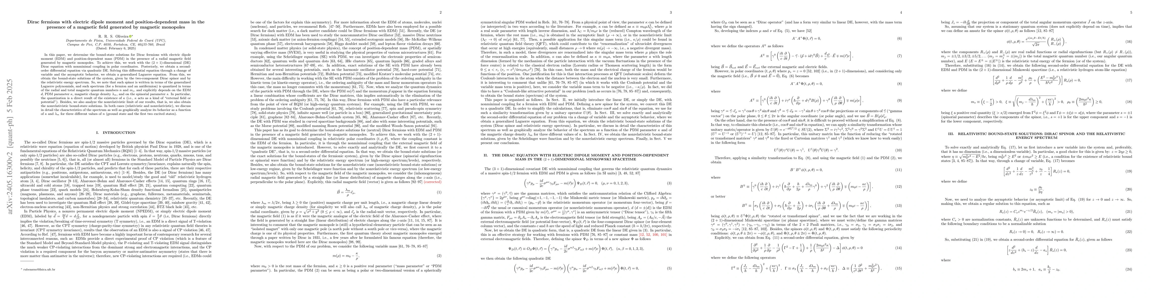 Thumbnail for Dirac fermions with electric dipole moment and position-dependent mass
  in the presence of a magnetic field generated by magnetic monopoles
