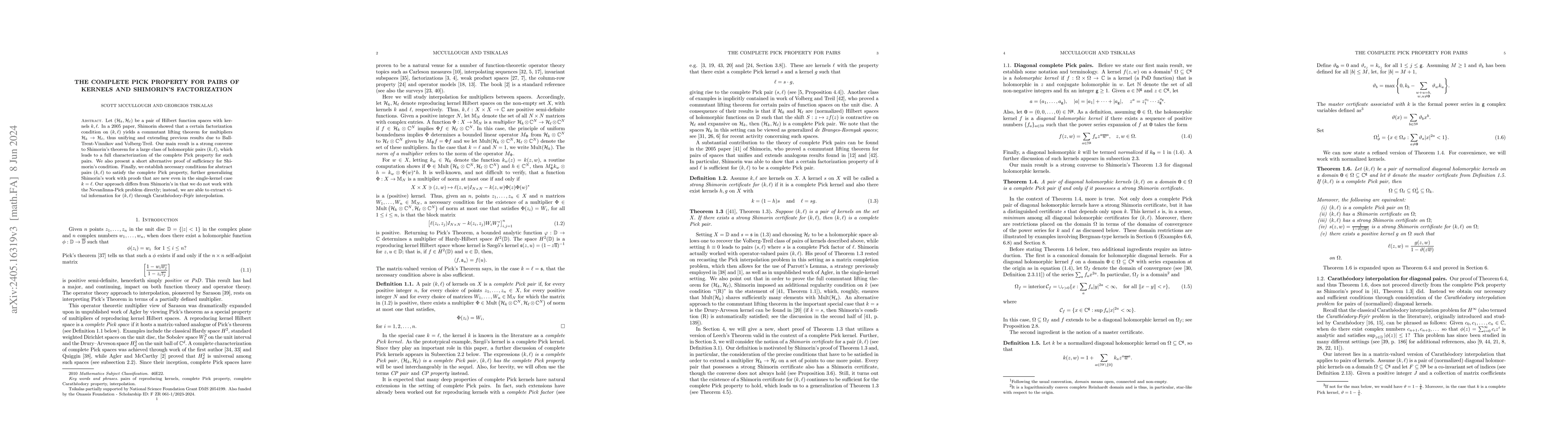 Thumbnail for The complete Pick property for pairs of kernels and Shimorin's
  factorization