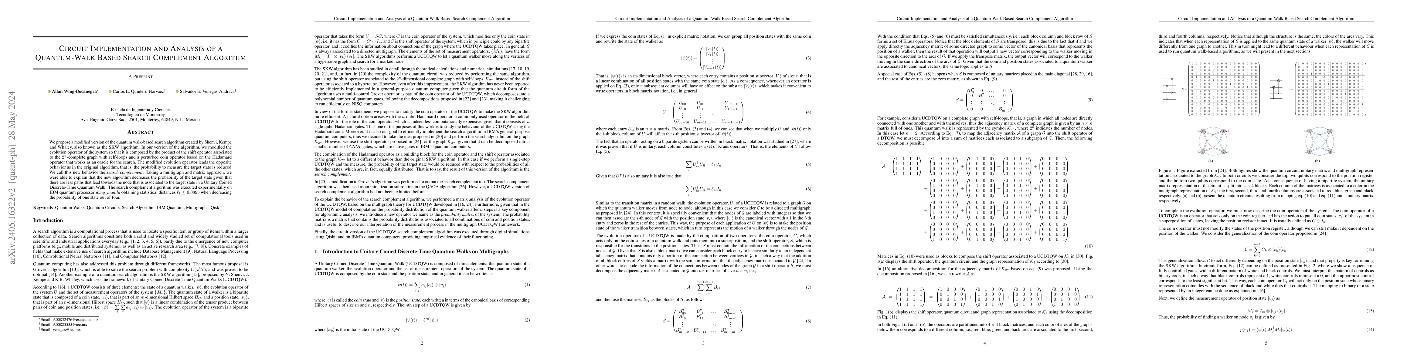 Thumbnail for Circuit Implementation and Analysis of a Quantum-Walk Based Search
  Complement Algorithm