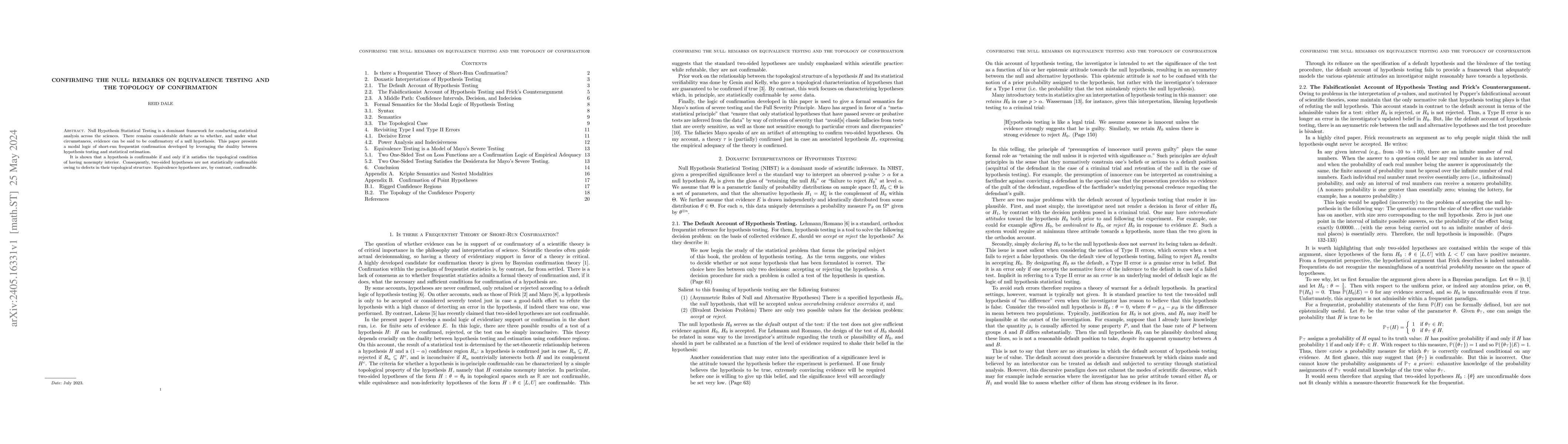 Thumbnail for Confirming the Null: Remarks on Equivalence Testing and the Topology of
  Confirmation