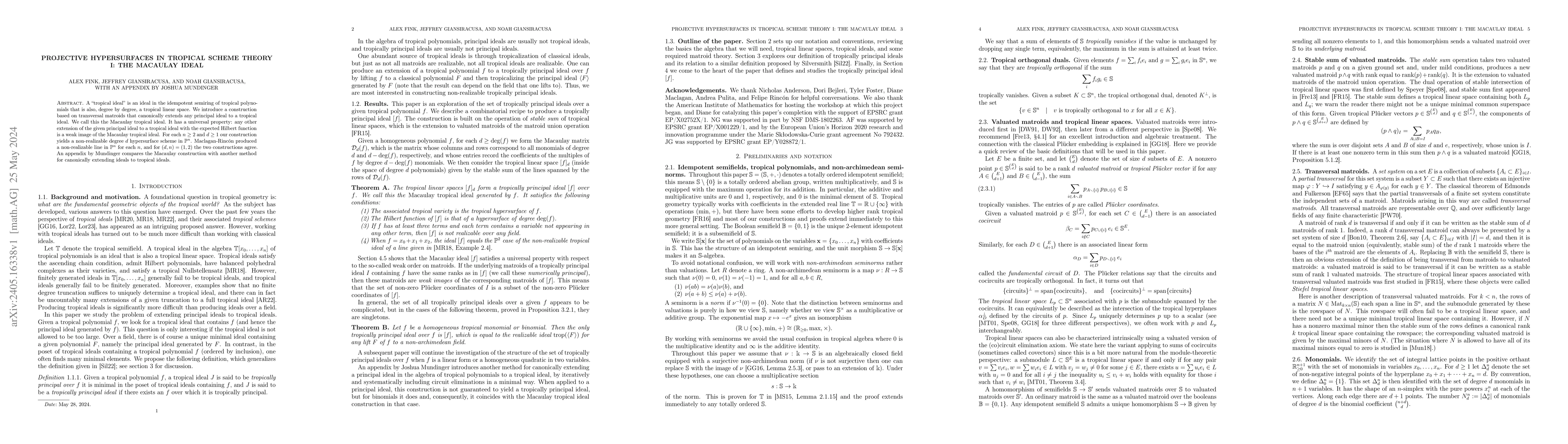 Thumbnail for Projective hypersurfaces in tropical scheme theory I: the Macaulay ideal