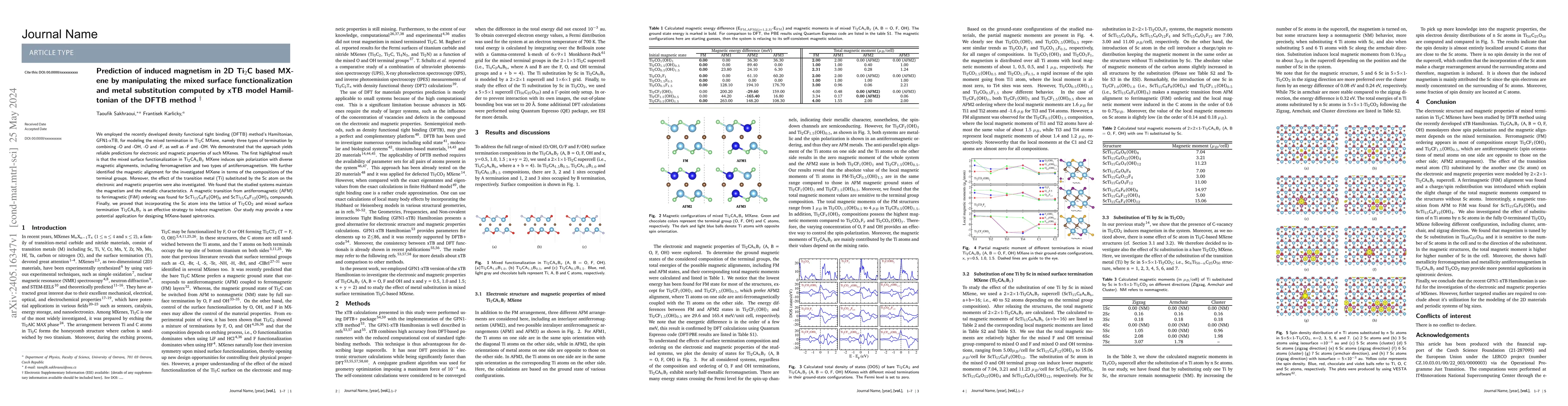 Thumbnail for Prediction of induced magnetism in 2D Ti$_2$C based MXene by
  manipulating the mixed surface functionalization and metal substitution
  computed by xTB model Hamiltonian of the DFTB method