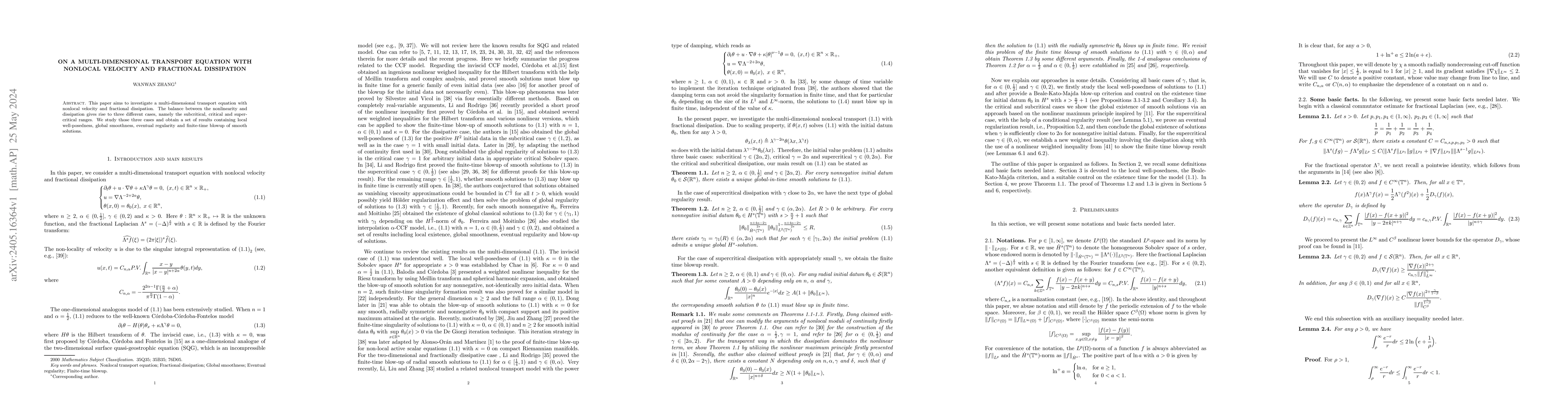 Thumbnail for On a multi-dimensional transport equation with nonlocal velocity and
  fractional dissipation