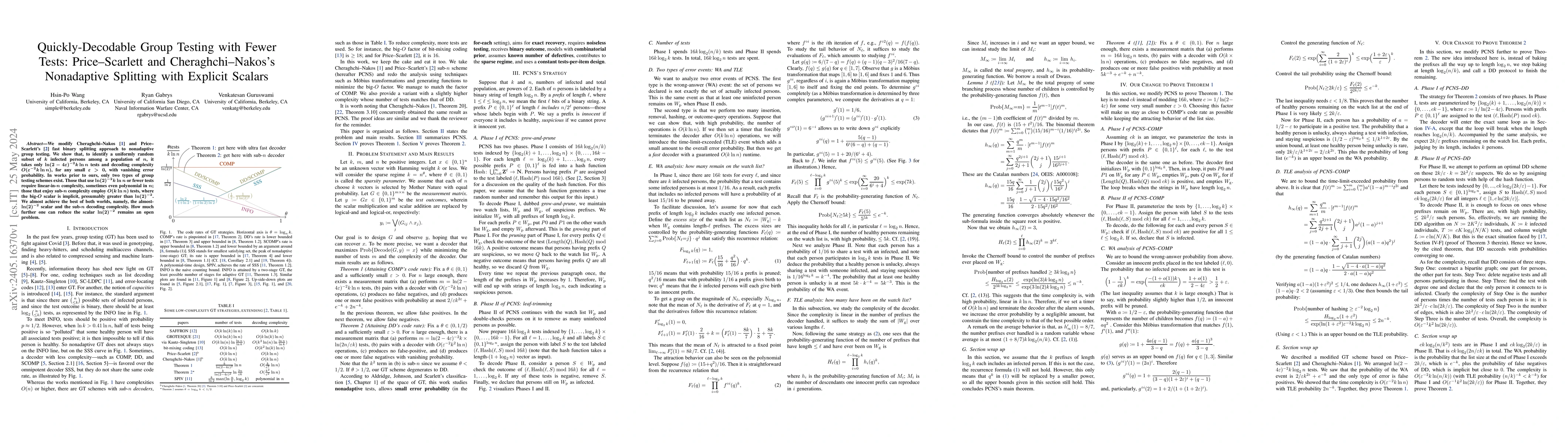 Thumbnail for Quickly-Decodable Group Testing with Fewer Tests: Price-Scarlett and
  Cheraghchi-Nakos's Nonadaptive Splitting with Explicit Scalars