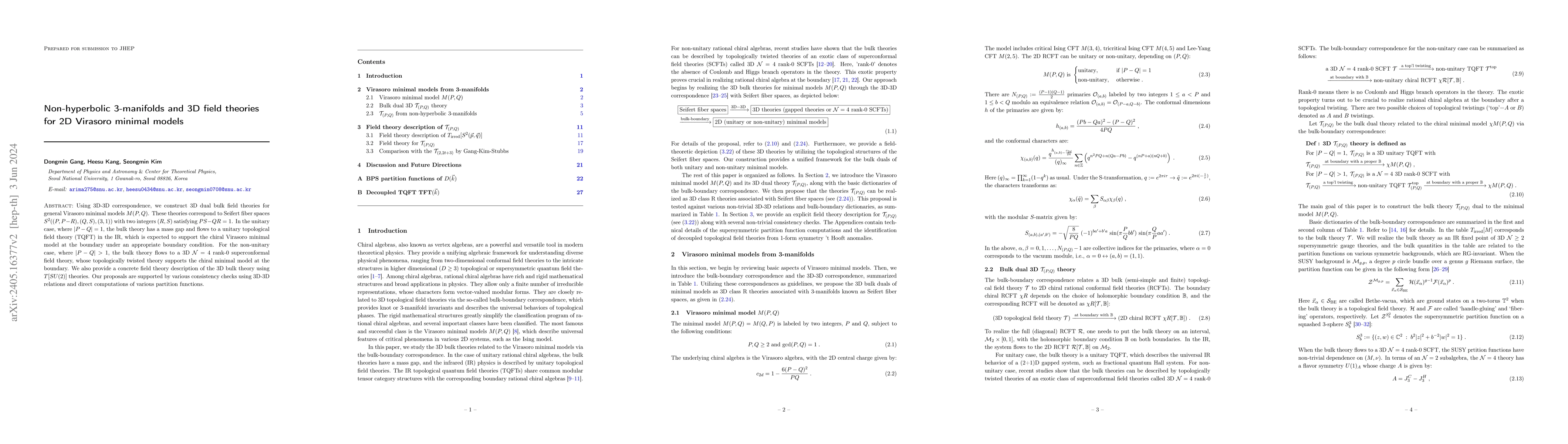 Thumbnail for Non-hyperbolic 3-manifolds and 3D field theories for 2D Virasoro minimal
  models