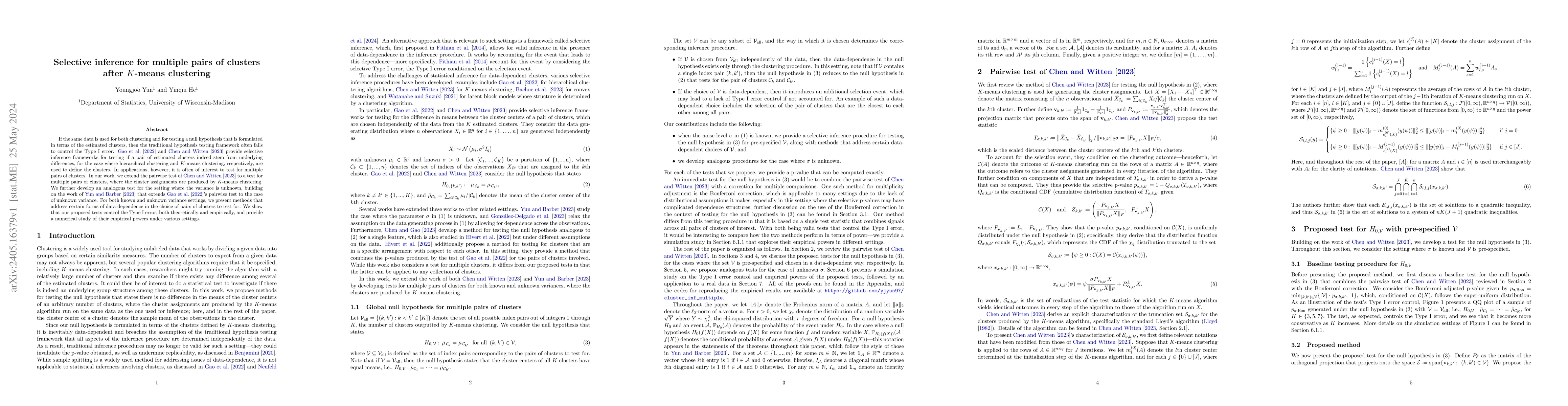 Thumbnail for Selective inference for multiple pairs of clusters after K-means
  clustering