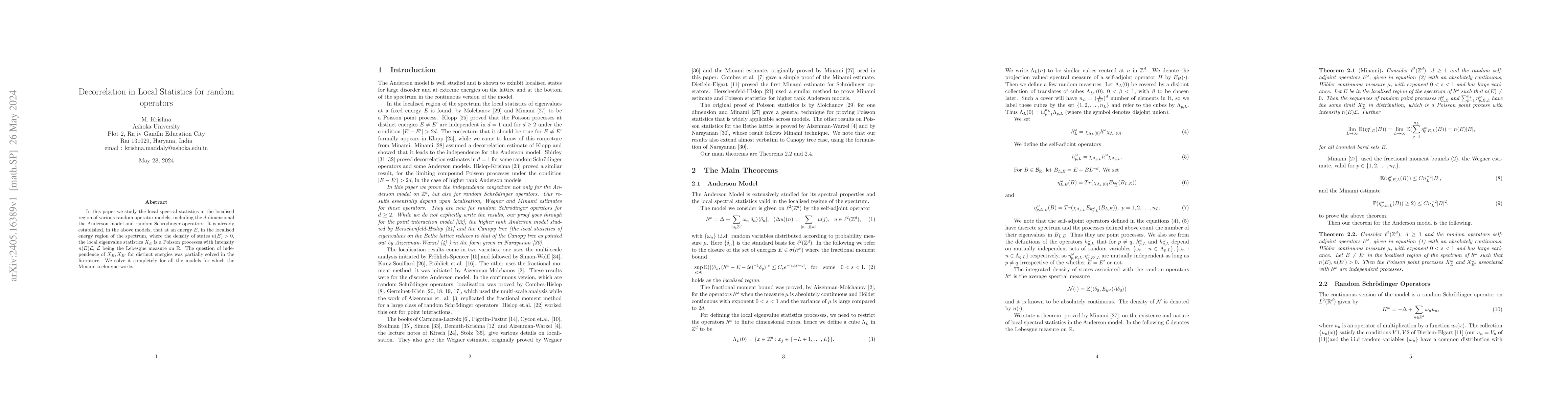 Thumbnail for Decorrelation in Local Statistics for random operators