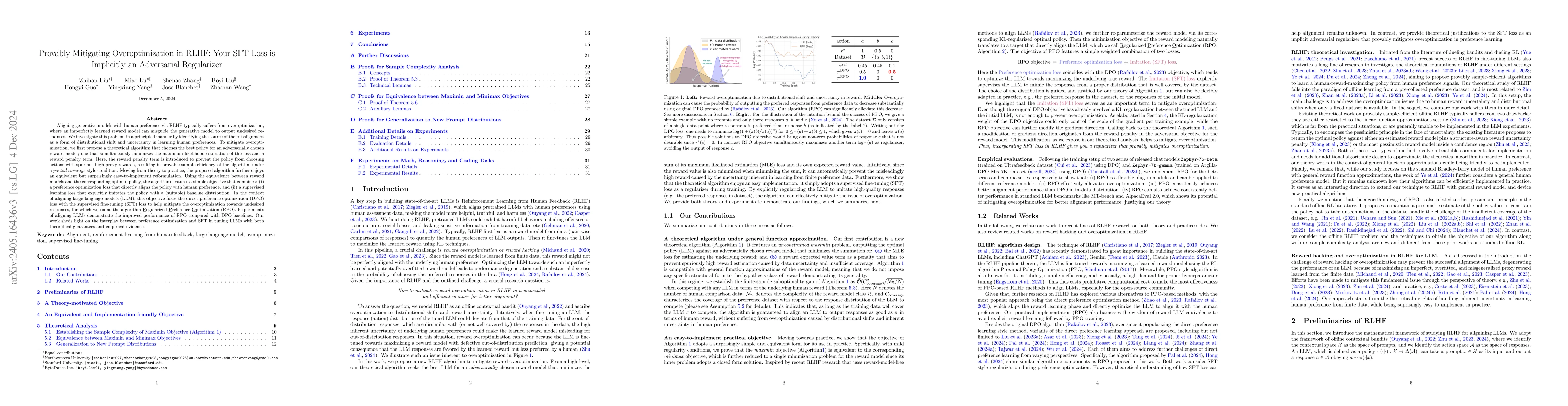 Thumbnail for Provably Mitigating Overoptimization in RLHF: Your SFT Loss is
  Implicitly an Adversarial Regularizer