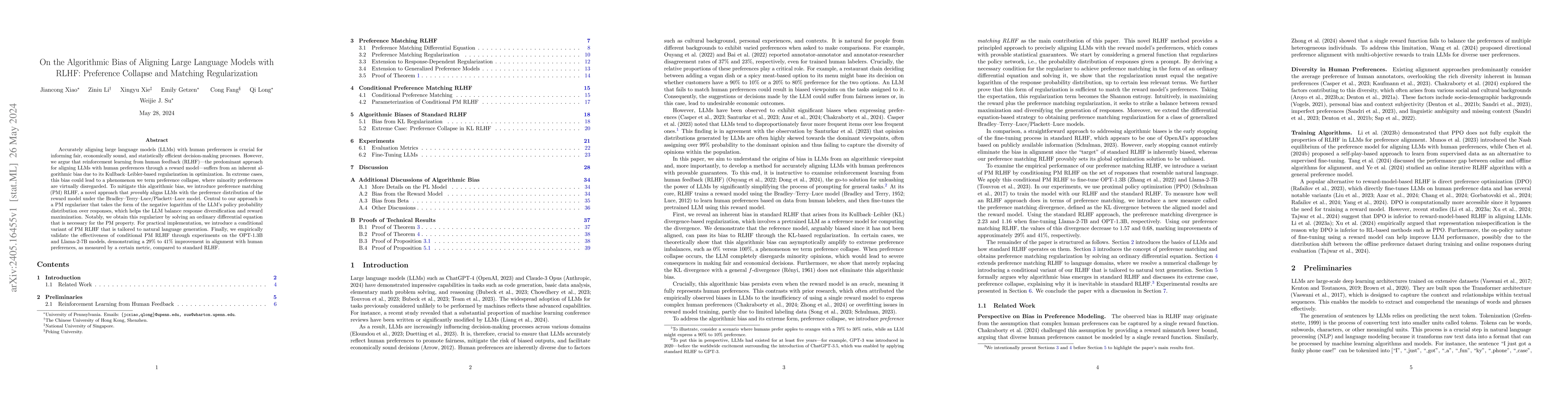 Thumbnail for On the Algorithmic Bias of Aligning Large Language Models with RLHF:
  Preference Collapse and Matching Regularization