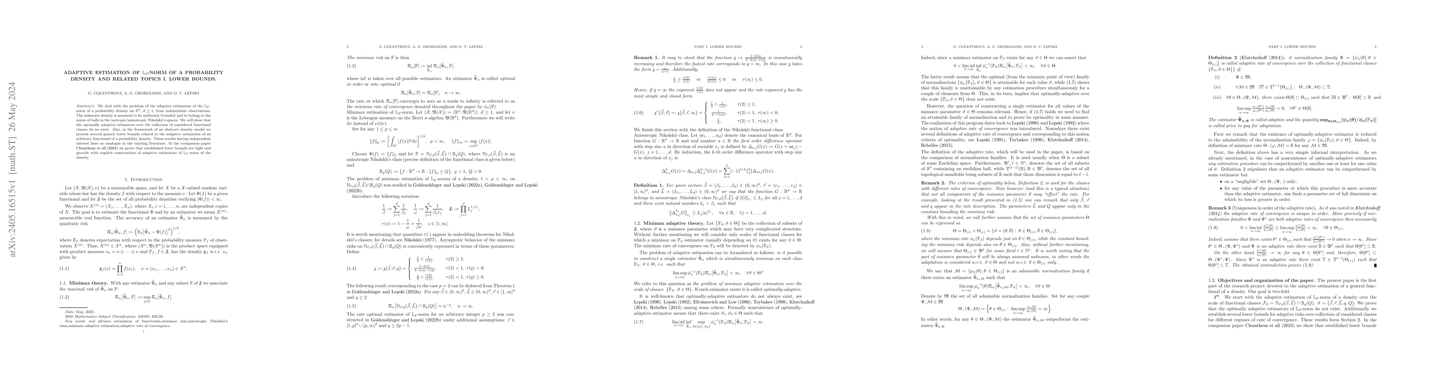 Thumbnail for Adaptive estimation of $\mathbb{L}_2$-norm of a probability density and
  related topics I. Lower bounds
