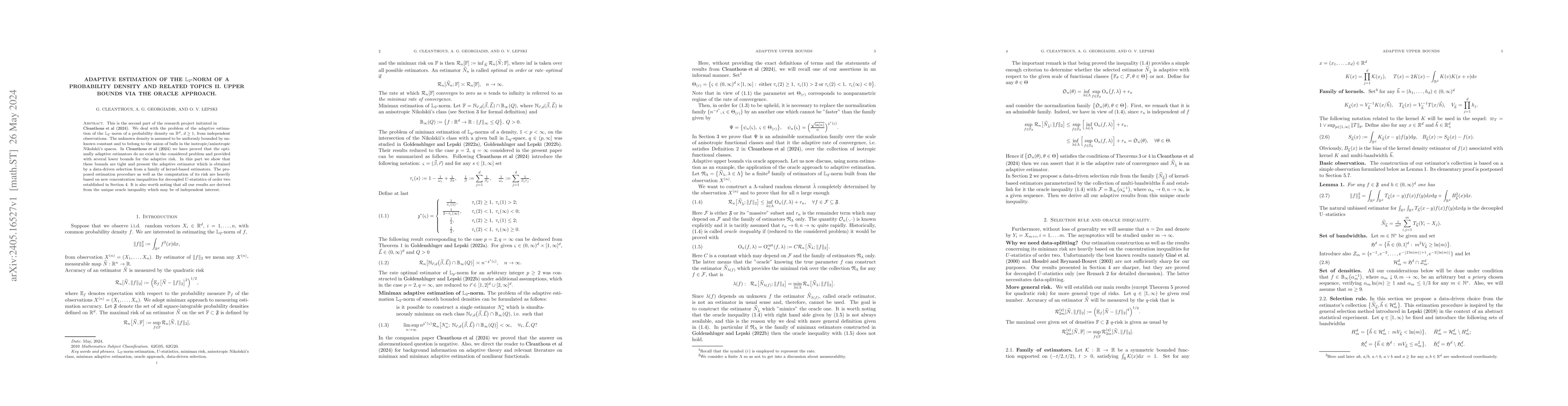 Thumbnail for Adaptive estimation of the $\mathbb{L}_2$-norm of a probability density
  and related topics II. Upper bounds via the oracle approach