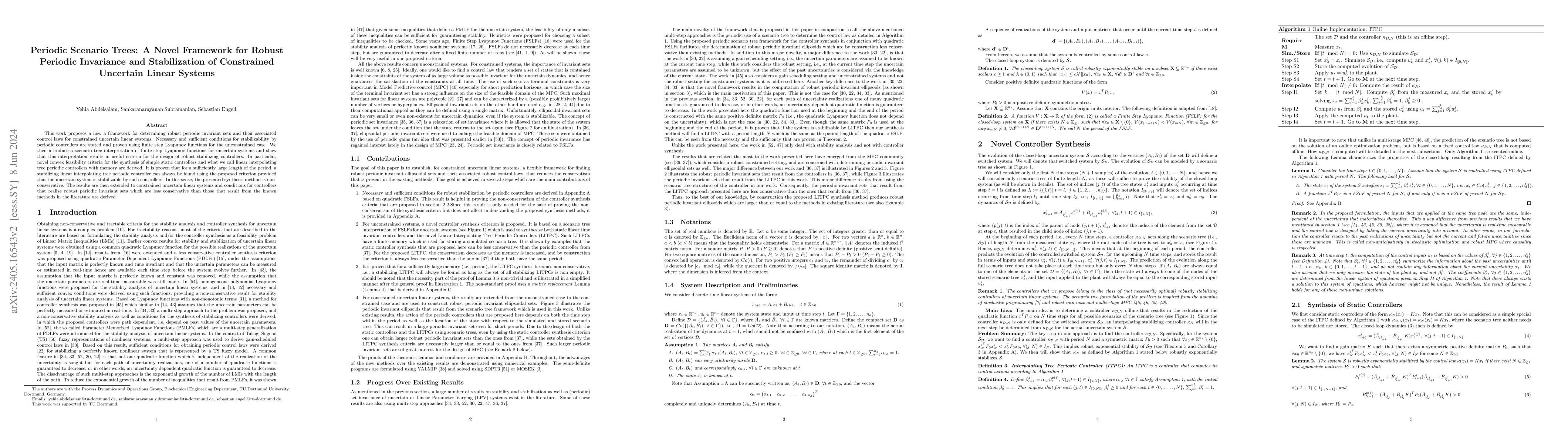 Thumbnail for Periodic Scenario Trees: A Novel Framework for Robust Periodic
  Invariance and Stabilization of Constrained Uncertain Linear Systems